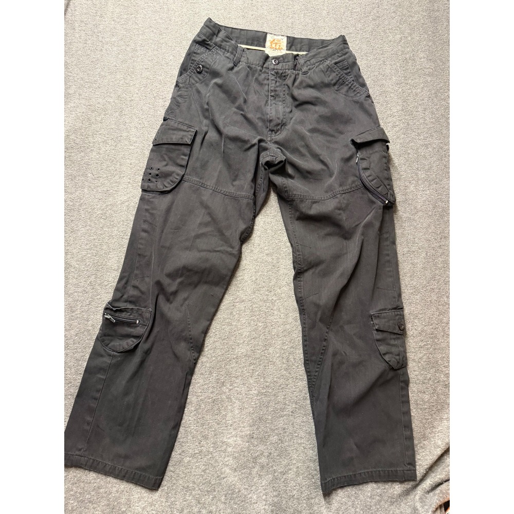Drunknmunky Mens Y2k Cargo Pants Black Cotton Multi Pocket 34x31 Streetwear